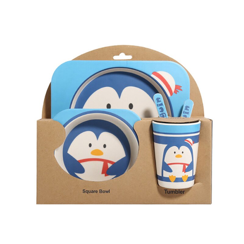 5 stk/sæt baby fad service sæt spædbørn spise tallerken børn miljøvenlig naturlig bambus fiber spisestel foder fade nbb 0038: Pingvin