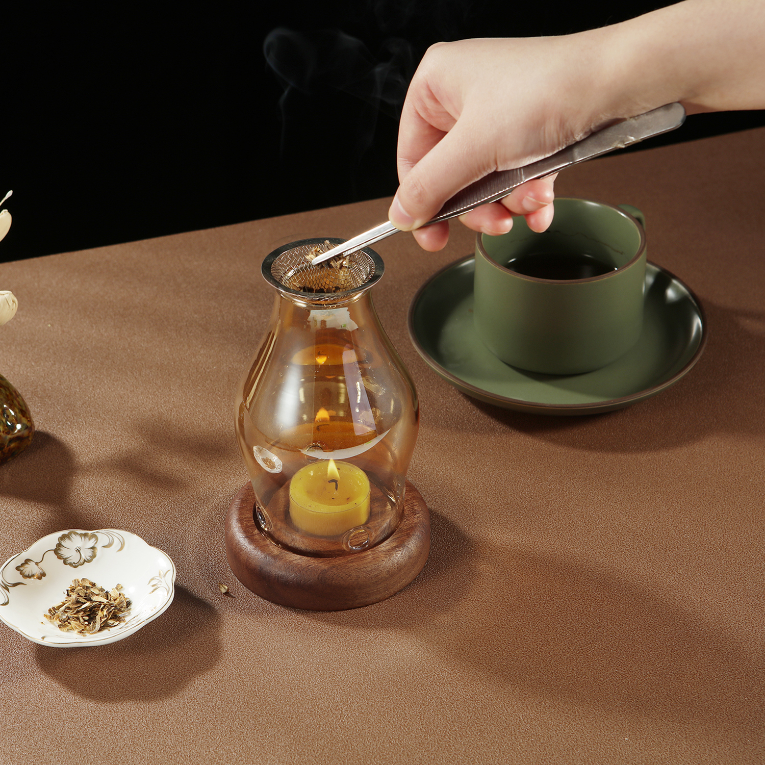 Kerzenhalter aus Glas, Aromatherapie-Heizhalter mit Holzsockel, Aromatherapie-Räuchergefäß für Yoga, SPA, Aromatherapie