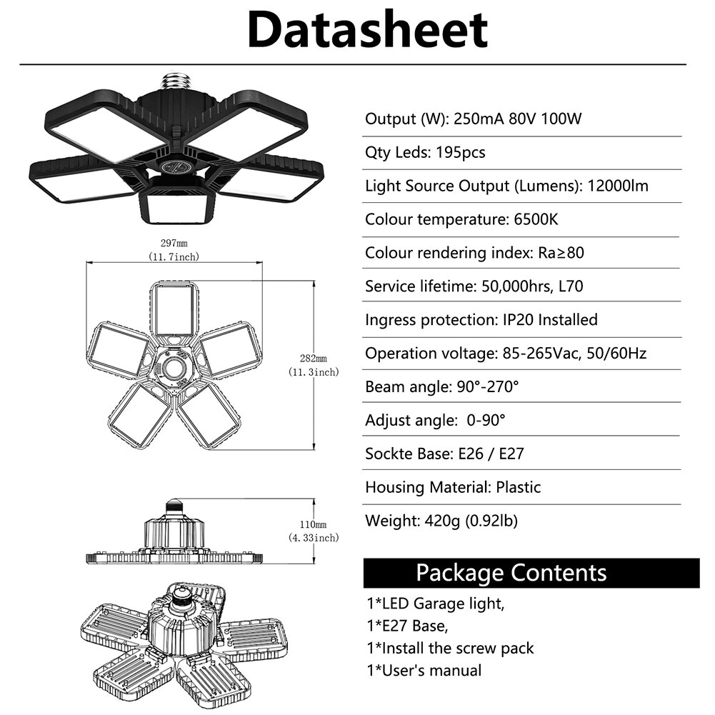 Led Garage Licht Led High Bay Workshop Plafondlamp Magazijn Verlichting Lamp 100W Verstelbare 5 Blad Vervormbare Lamp Voor garage