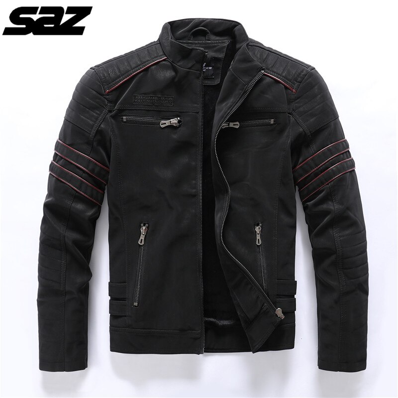 Saz män broderi dödskalle motorcykel skinnjackor biker läder kappa vinter varm casual jacka för män: Svart / Xl