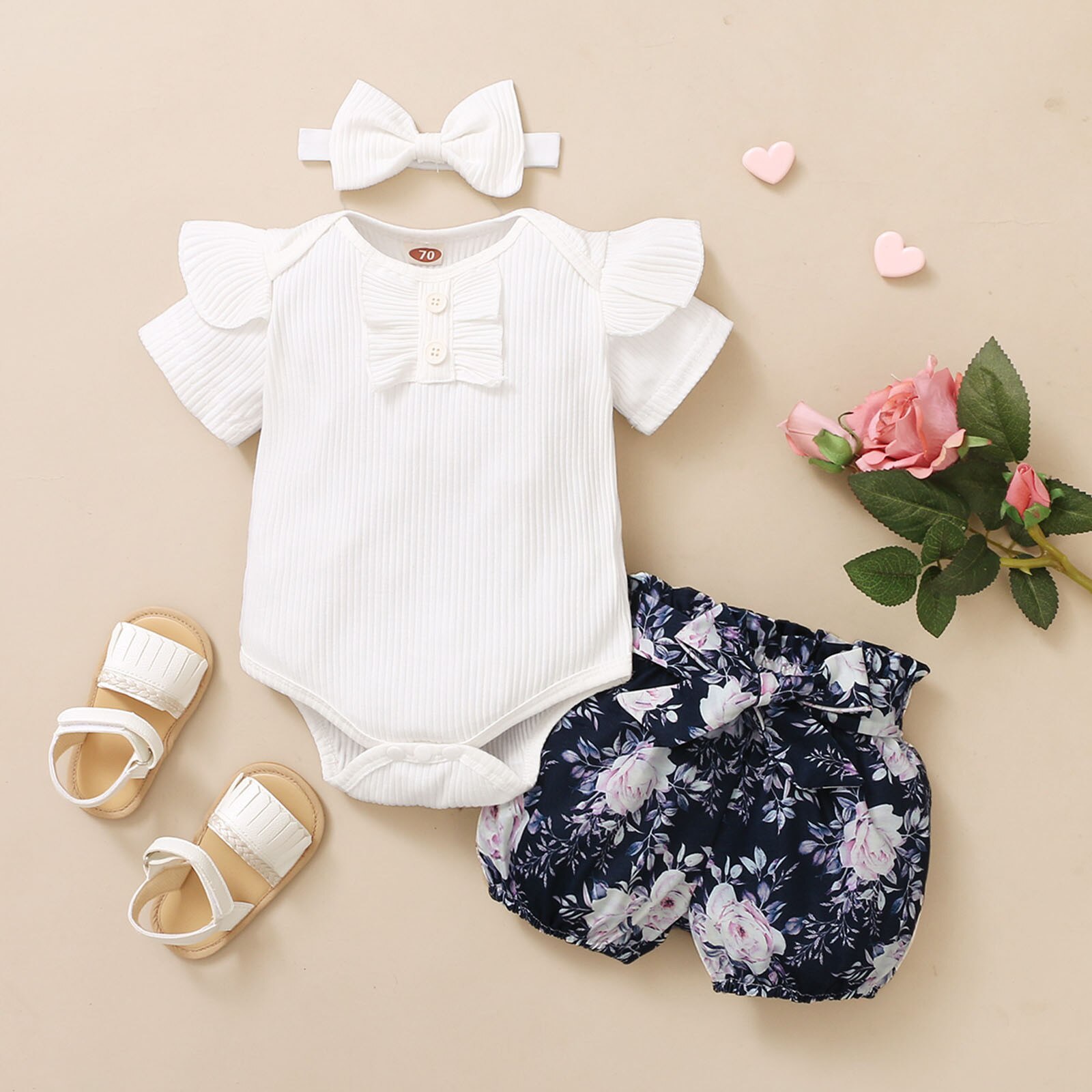 Girl Outfits Toddler Baby Girls Clothes Summer Solid Short Sleeve Ruffle Romper Bodysuit+Floral Print Shorts Headbands Outfits