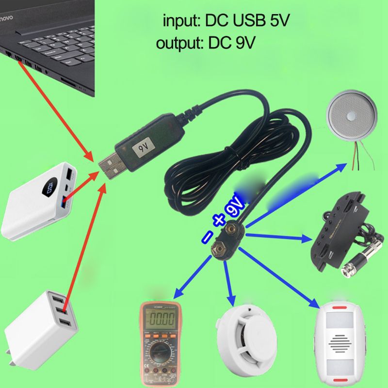 Universal 9v batteri eliminator usb strømforsyningskabel til multimeter mikrofon guitar 2m udskift dine 9- volt batterier