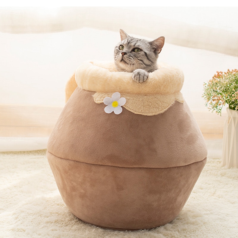 Honningpotte form kattehundeseng varm foldbar plys cave reden sovepose til kattekat multifunktionelt kæledyr blødt hus med tykkere mat: Brun / S