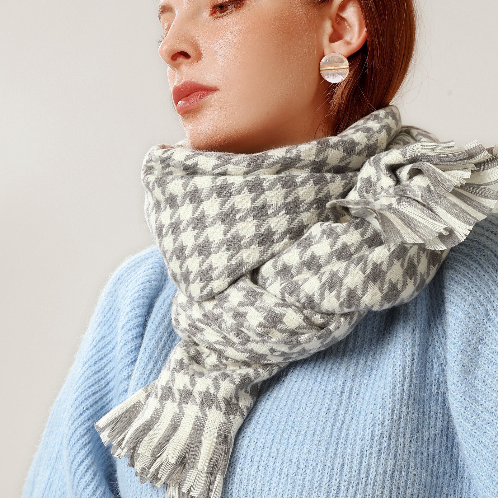 Femmes couverture écharpe Plaid noir blanc pied de poule impression silencieux hiver doux foulards épais longs Pashmina châles D17: D
