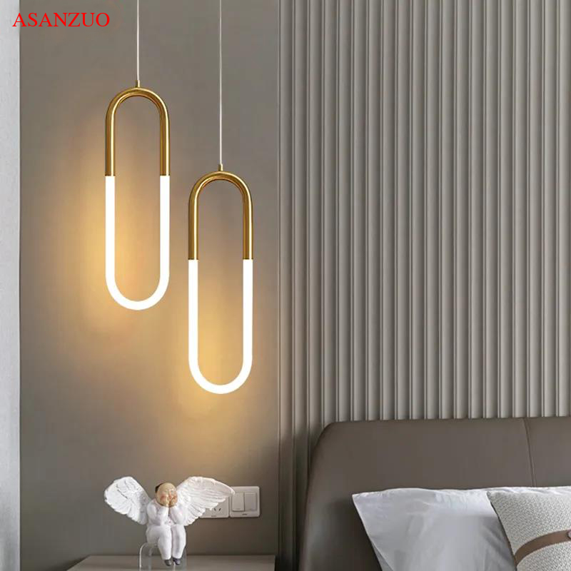 U-formade led-hänglampor i mässing för sovrum, sängbord, lång hängande lampa, köksö, matbord, heminredning, armaturer