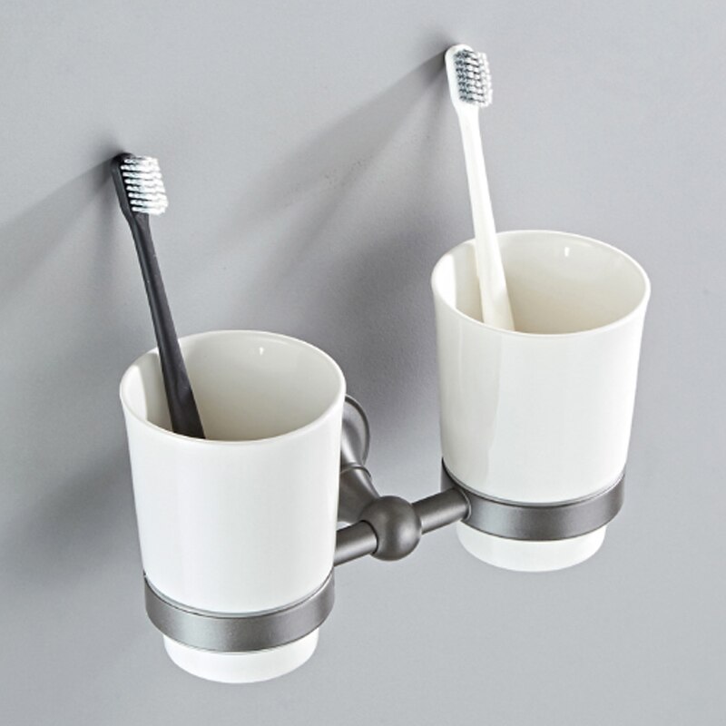 Grey Bathroom Hardware Set Brass Wall Mouted Toilet Brush Holder WC Paper Towel Roll Rack Soap Dish Bath Accessories Equipment: Double Tumbler