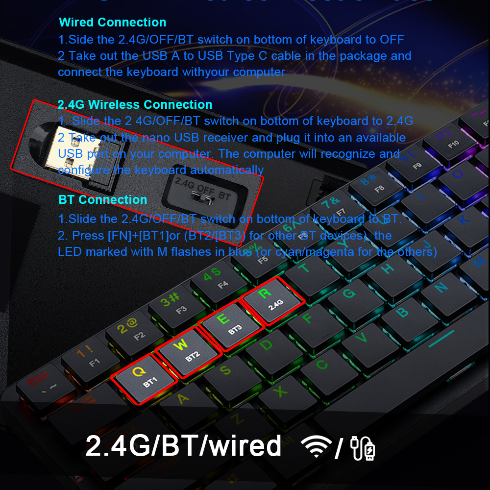 REDRAGON Elise Pro K624P RGB Super slim Mechanical Gaming Keyboard USB Surpport Bluetooth wireless 2.4G 63 Keys for Compute PC