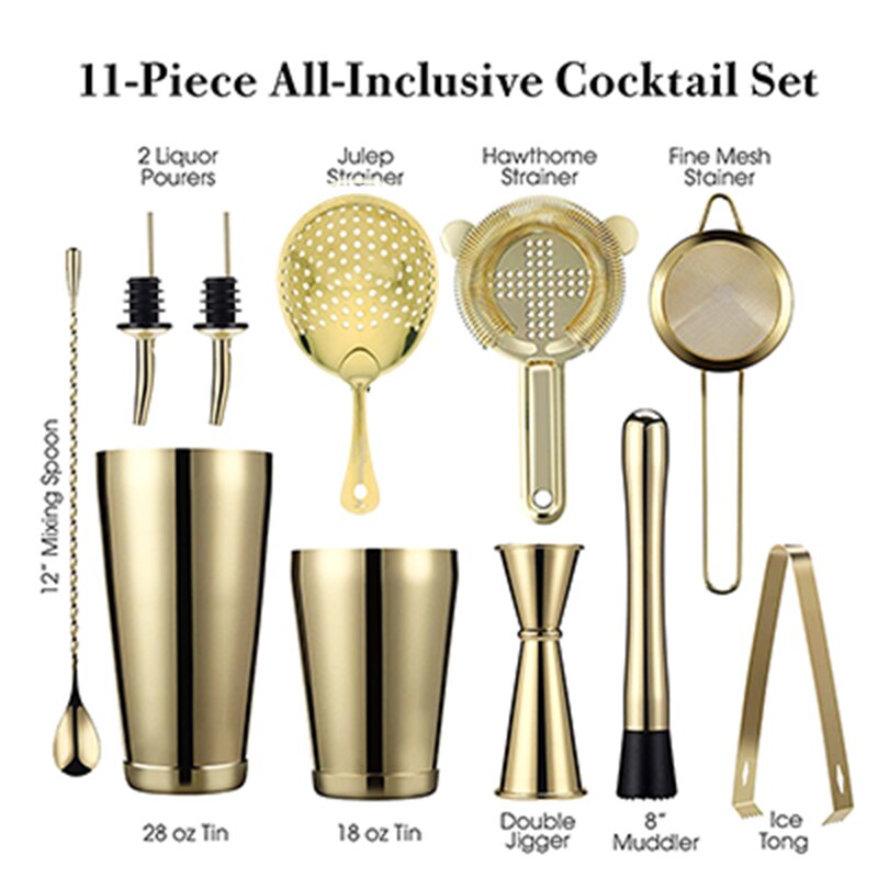11pcs Cocktails Shakere Bar Set Cocktail Boston Shaker Barware Kit Weighted Shaker Tins Strainer Muddler Ice Tond Jigger Muddler