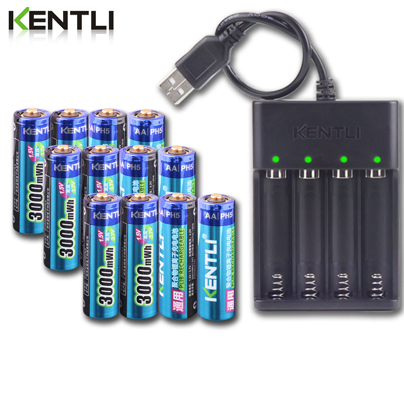KENTLI AA 1.5 V 3000mWh lithium li-ion oplaadbare batterij + 4 Kanaals lithium polymeer li-ion batterij batterijen oplader