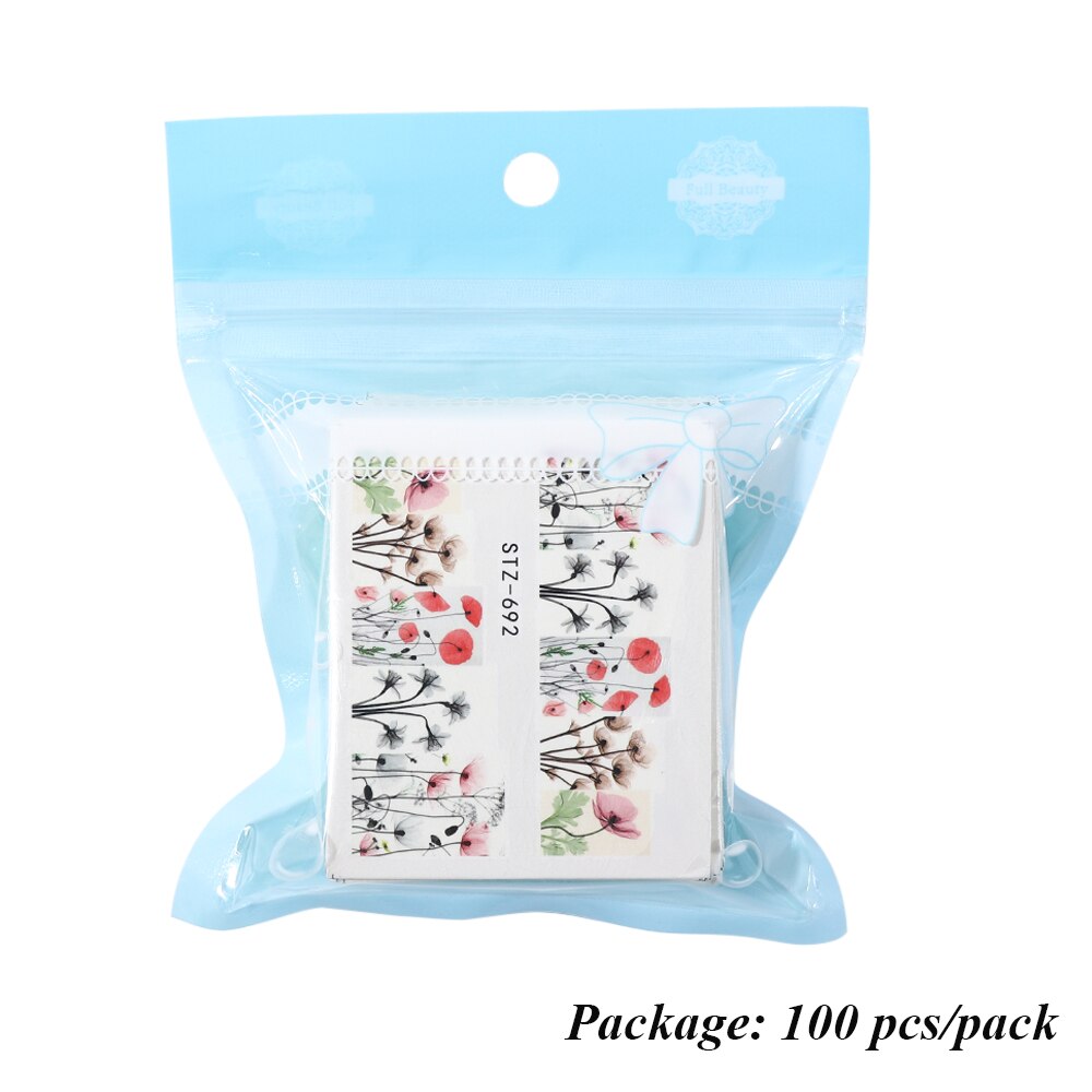 100 stk/pakke negle klistermærker sæt blomster fjer tegneserie blandede designs vandoverførsel klistermærker nail art indretning skydere lastz 134-233