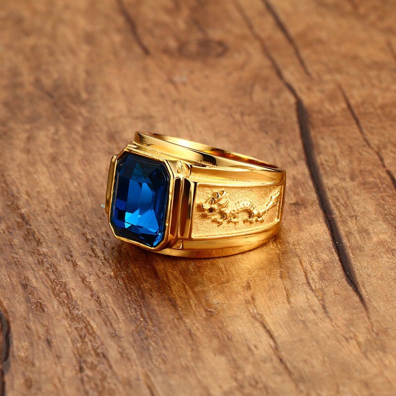 Men's Blue Rhinestone Ring with Dragon Pattern Gold-color Men Wedding Band Male Stainless Steel Jewelry anel masculino