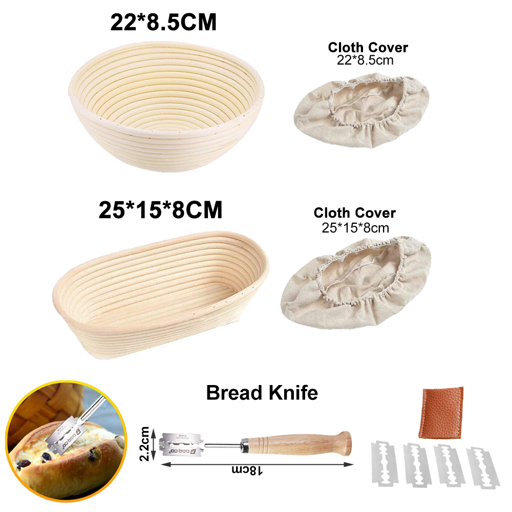 Rattan Banneton Bread Proofing Proving Baskets Set Round /Oval Natural Rattan Fermentation Basket Dough Wicker Rattan DIY Tool: 2 PCS Set B