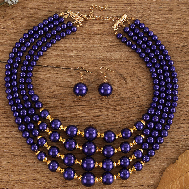 Meerlaagse bruidssieradensets voor dames, blauwe plastic kralen ketting en oorbellen set, afrikaanse kralen sieradenset