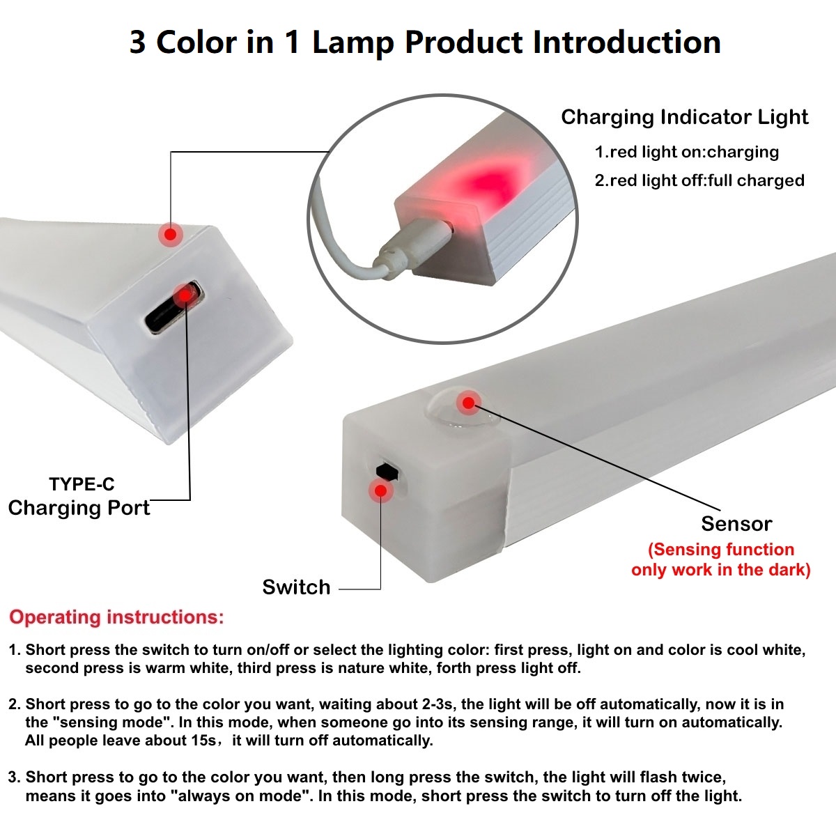 Barra de luz LED con Sensor de movimiento recargable por USB tipo C, luz nocturna de inducción portátil para cocina, mesita de noche, armario, pasillo