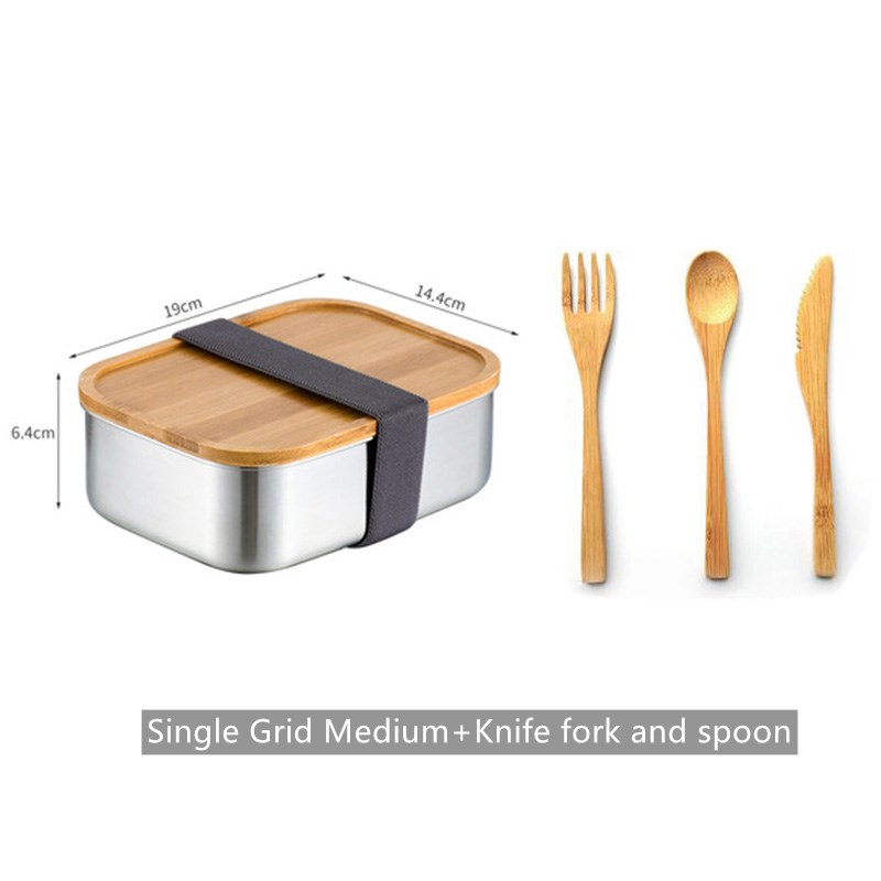 304 Stainless Steel Bamboo-wood Lid Lunch Box Packaged Food-grade Sushi Box Divided Grid Work Lunch Box Steamed Rice Seal Box: Set B