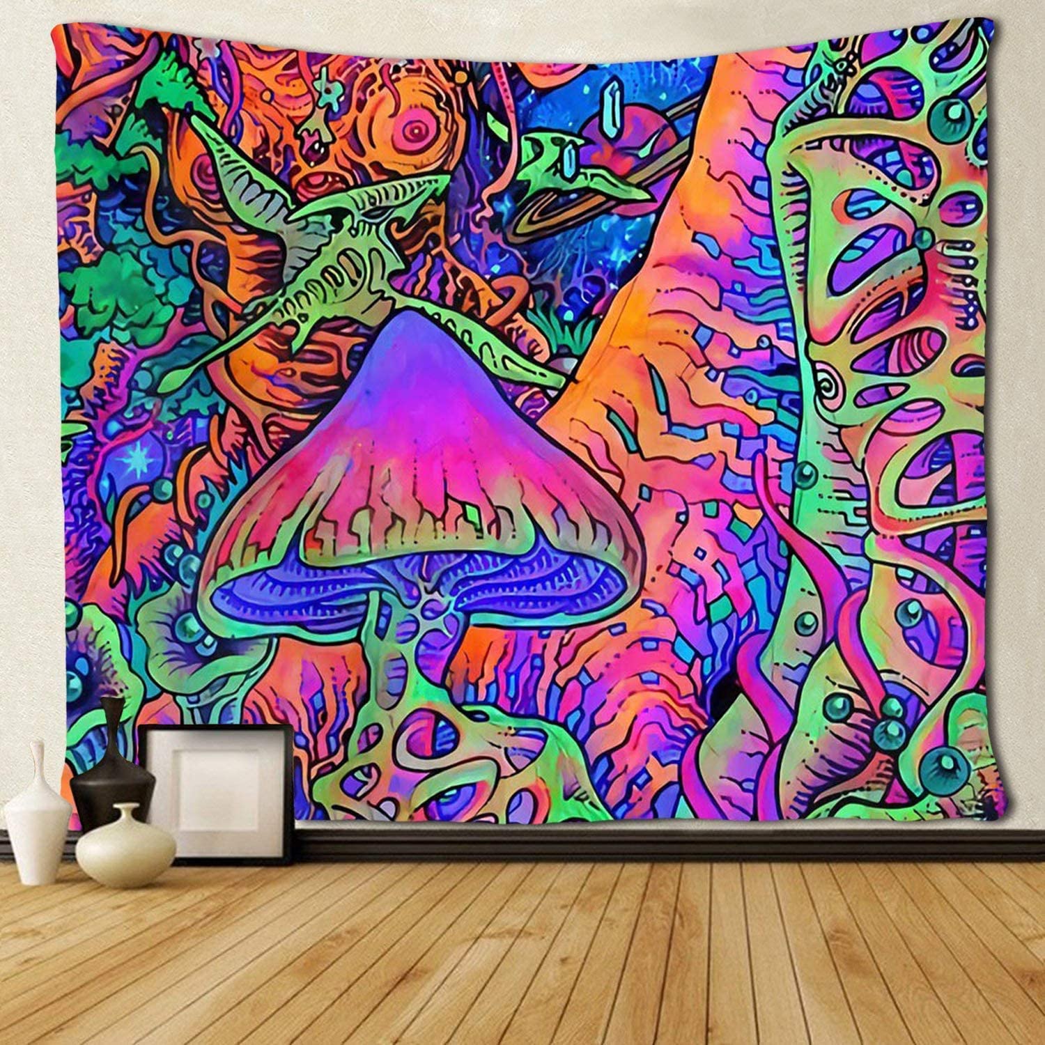 Mushroom Tapestry Wall Hanging Tapestry Psychedelic Wall Art for Bedroom Hippie Art Tapestry Pop Smoke Blacklight Room Decor: 203x152cm