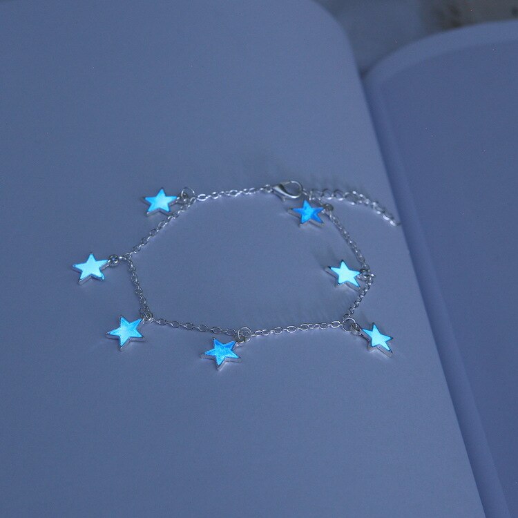 Tobillera con flecos y estrella de cinco puntas para mujer, joyería luminosa, para playa, viento, azul,