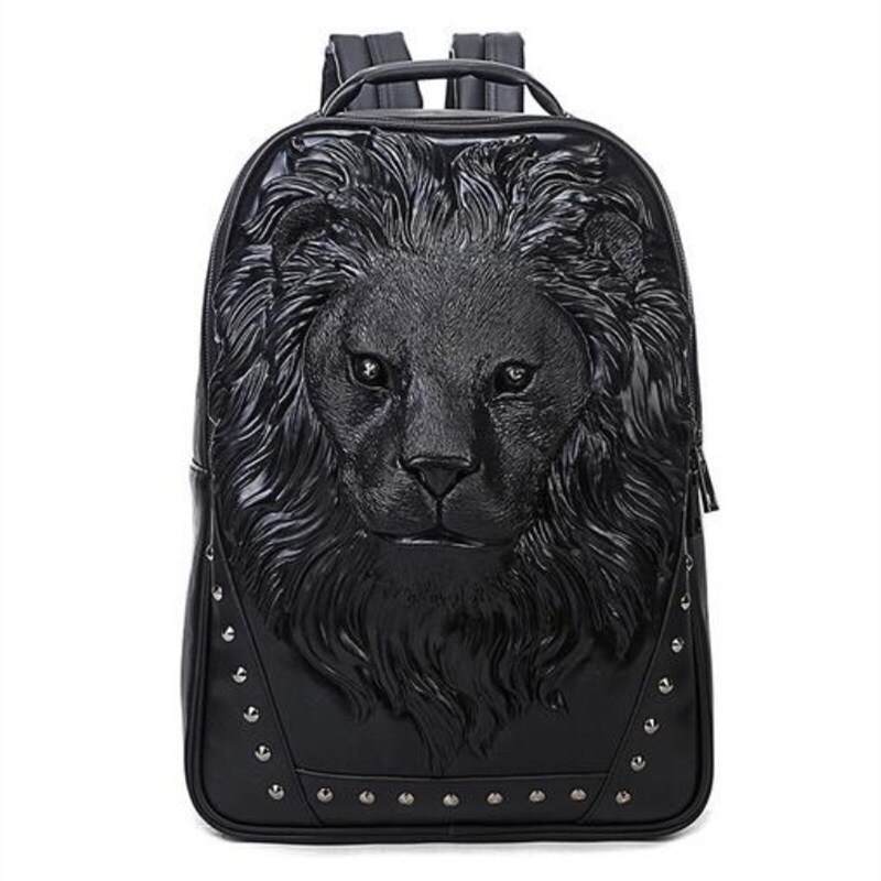 3D Pu punk backpack male animal lion head backpack cool travel computer bag Head PU Good: Black