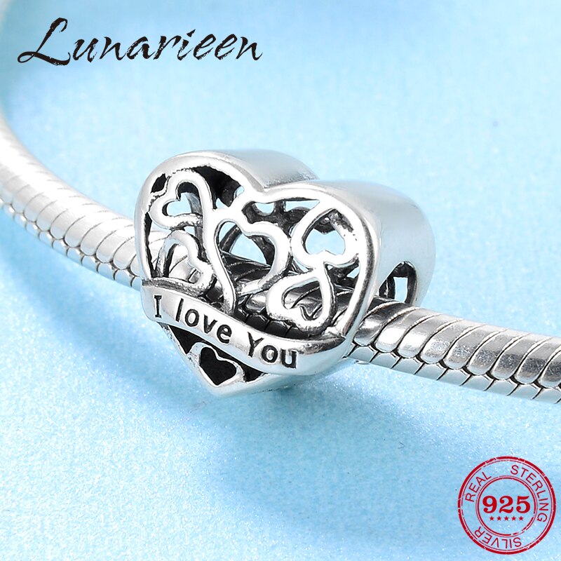 Nueva de Plata de Ley 925 con corazón hueco, cuentas finas I LOVE YOU aptas para abalorios europeos originales, fabricación de joyas