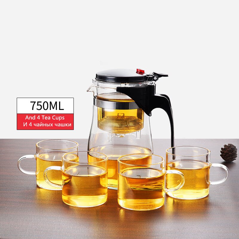 Tekanna värmebeständigt glas te krukor te infusionsanläggning kinesisk kung fu te uppsättningar vattenkokare kaffeglas tillverkare bekvämt kontors te set: 750ml och 4 tekoppar