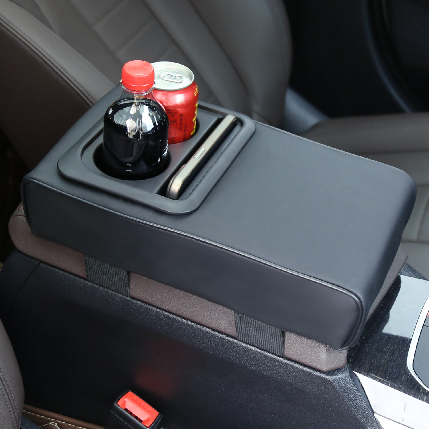 Auto Middenconsole Armsteun Kussen Met 2 Bekerhouder Pu Lederen Armsteun Pad Telefoonhouder Opbergtas Voor De Meeste Auto