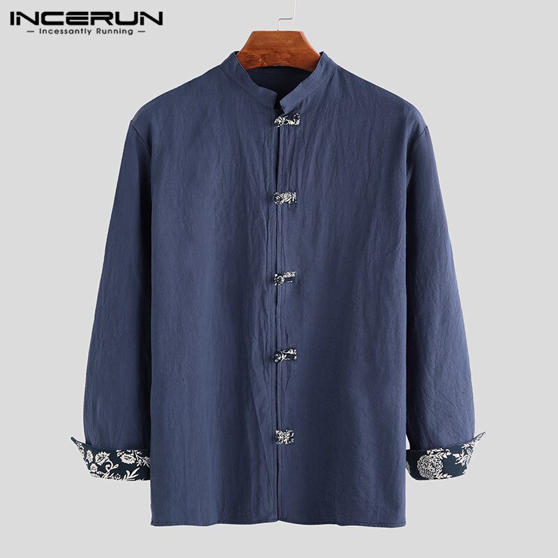 Incerun vintage heren overhemd katoen lange mouw effen mandarijn kraag streetwear camisa chinees traditioneel casual heren overhemd: Blauw overhemd / Xxxl
