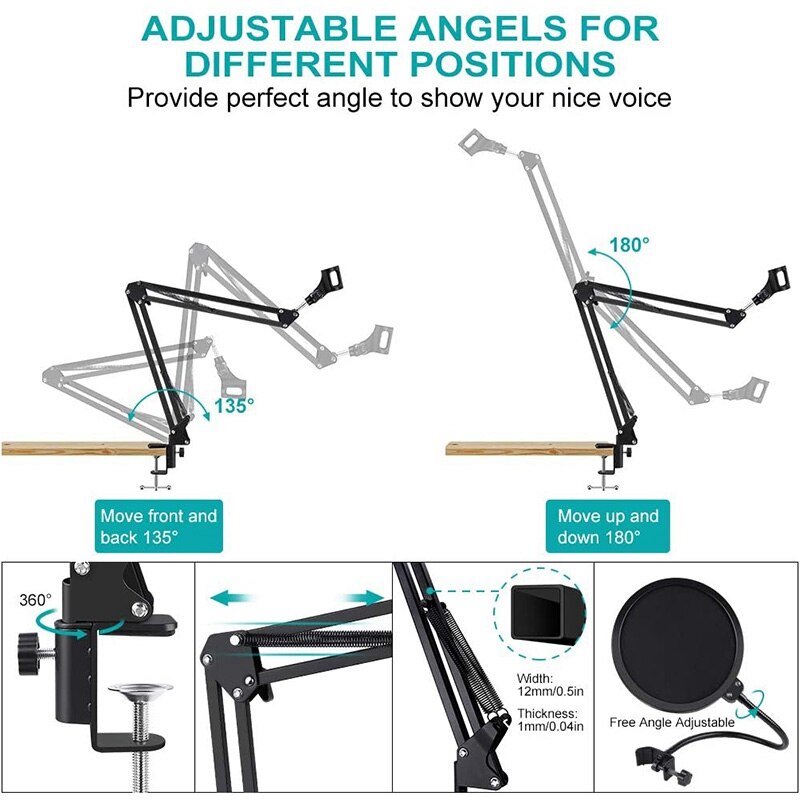 Heavy Duty Microfoon Boom Arm Stand, Verstelbare Suspension Boom Scissor Mic Stand Met Filter