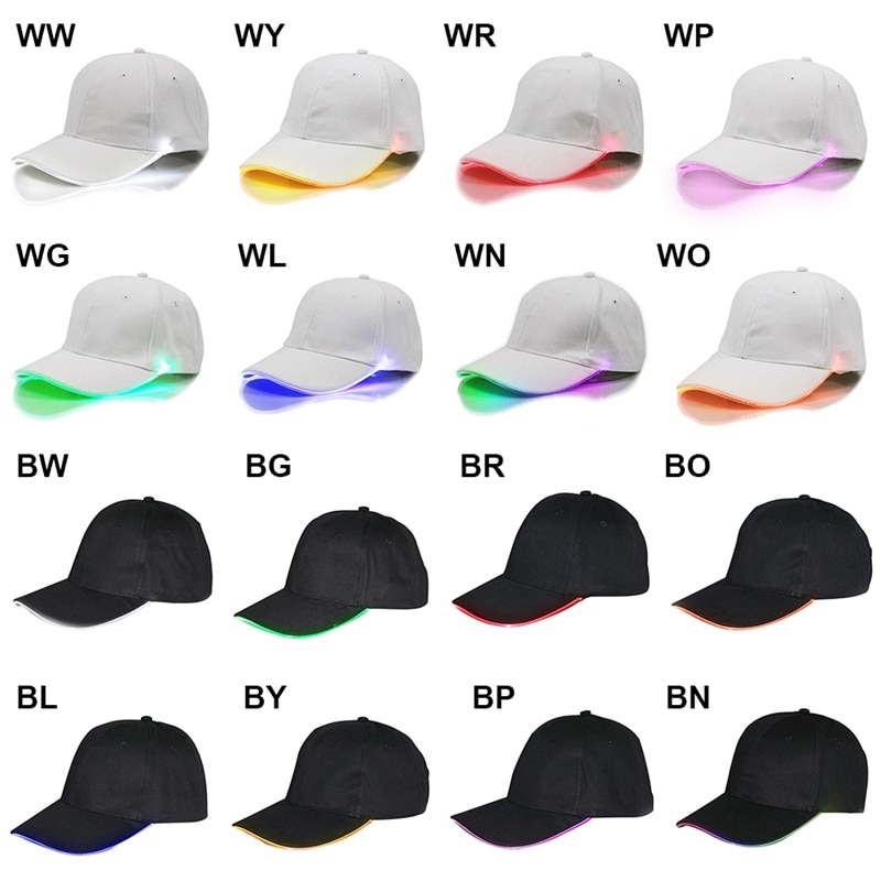 Cool LED Baseball Cap Battery Operated Shine at night Cotton Peaked Hat Outdoor Sports Wear With Adjustable Back Closure