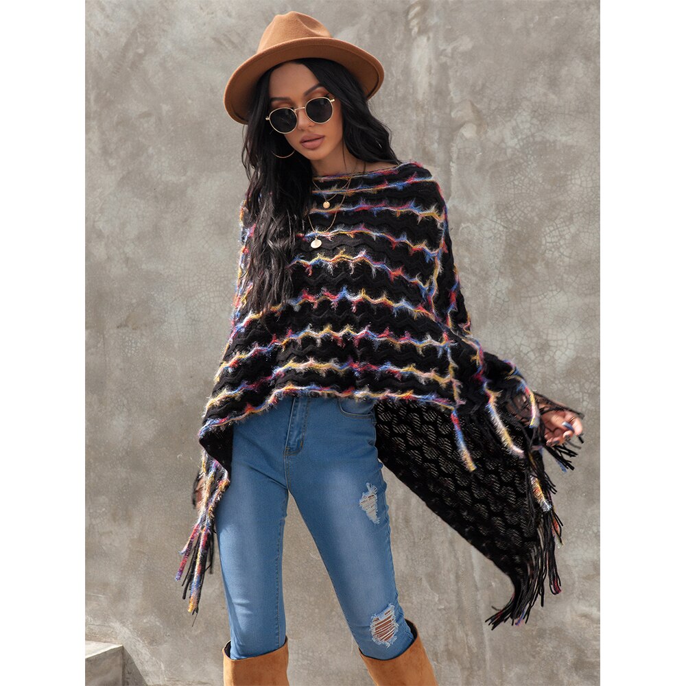 Women Colorful Striped Shawl Cloak Round Neck Wave Pattern Bat Sleeve Tassel Knitted Pullover Sweater for Streetwear