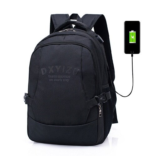Mochila de carga USB para hombre, bolsa para ordenador portátil decorada con letras, escolar, de viaje, gran capacidad,: Negro