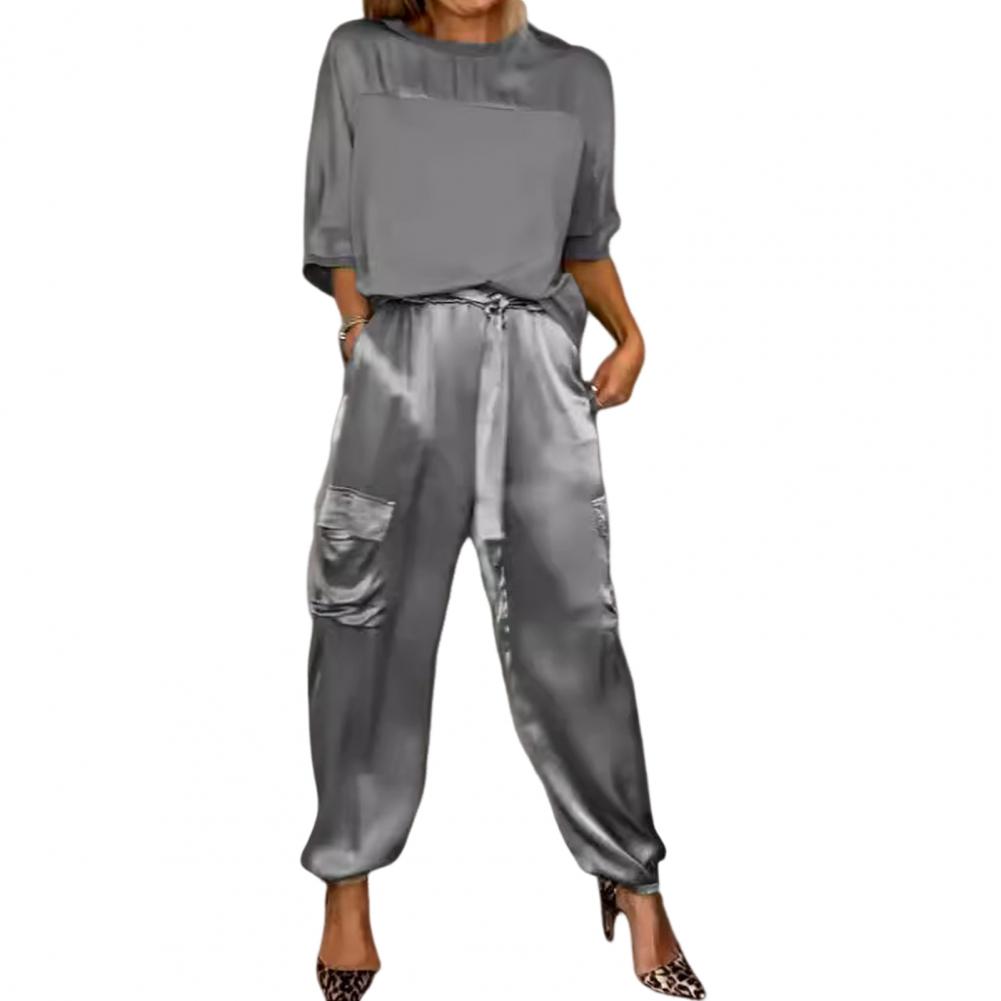 Women Two-piece Set Three-quarter Sleeve Suit Satin Women's Top Pants Set Lace-up Waist Women Casual Patchwork Suit: M / green
