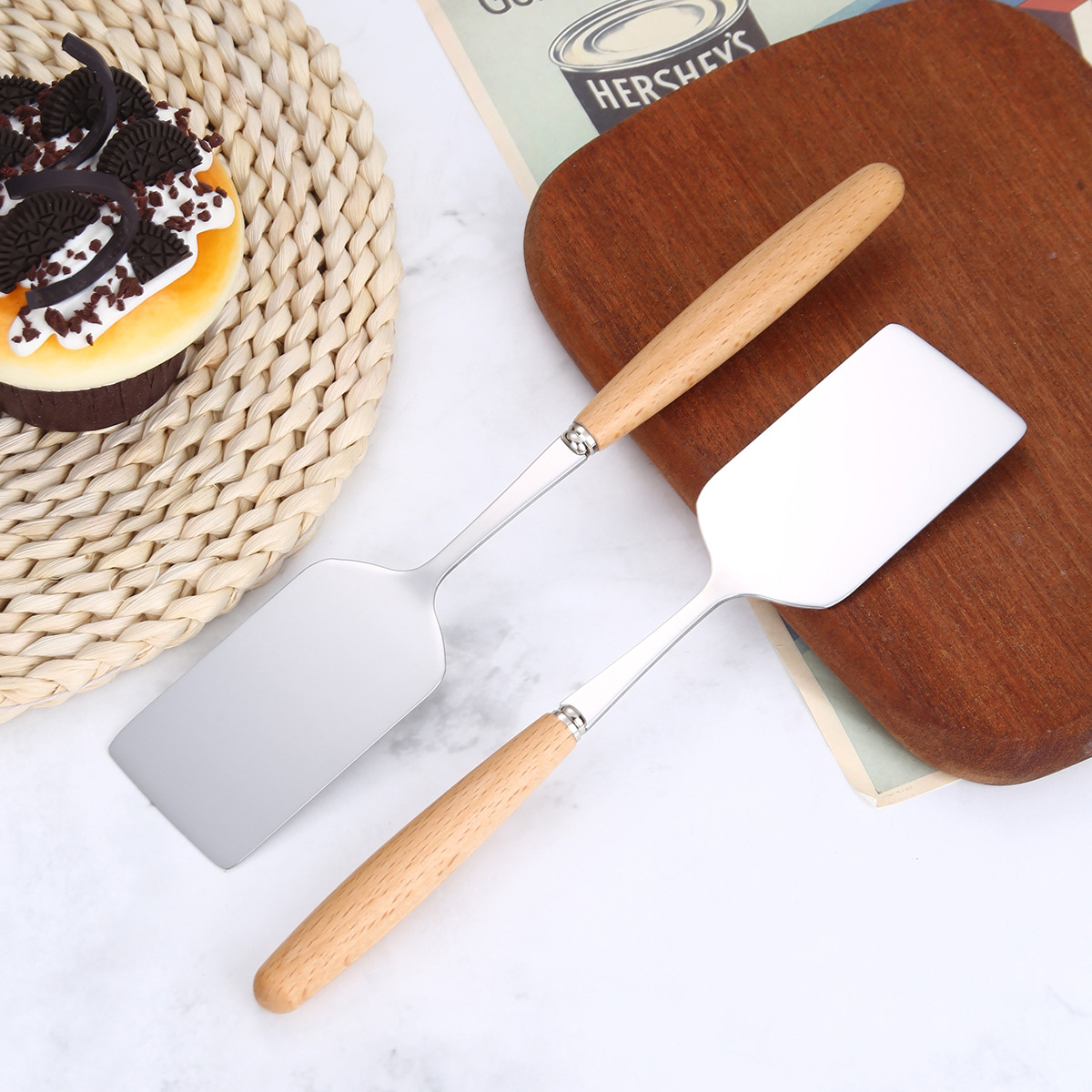 Espátula de Acero Inoxidable para Bistec - Pala para Pizza Mango Madera - Volteador de Carne Raspador - Utensilio Cocina BBQ