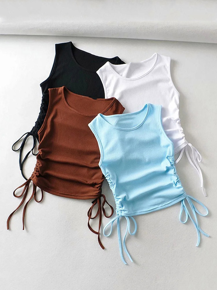 Sommer kvinder ensfarvet sexet afslappet crop top med streng på begge sider til damer