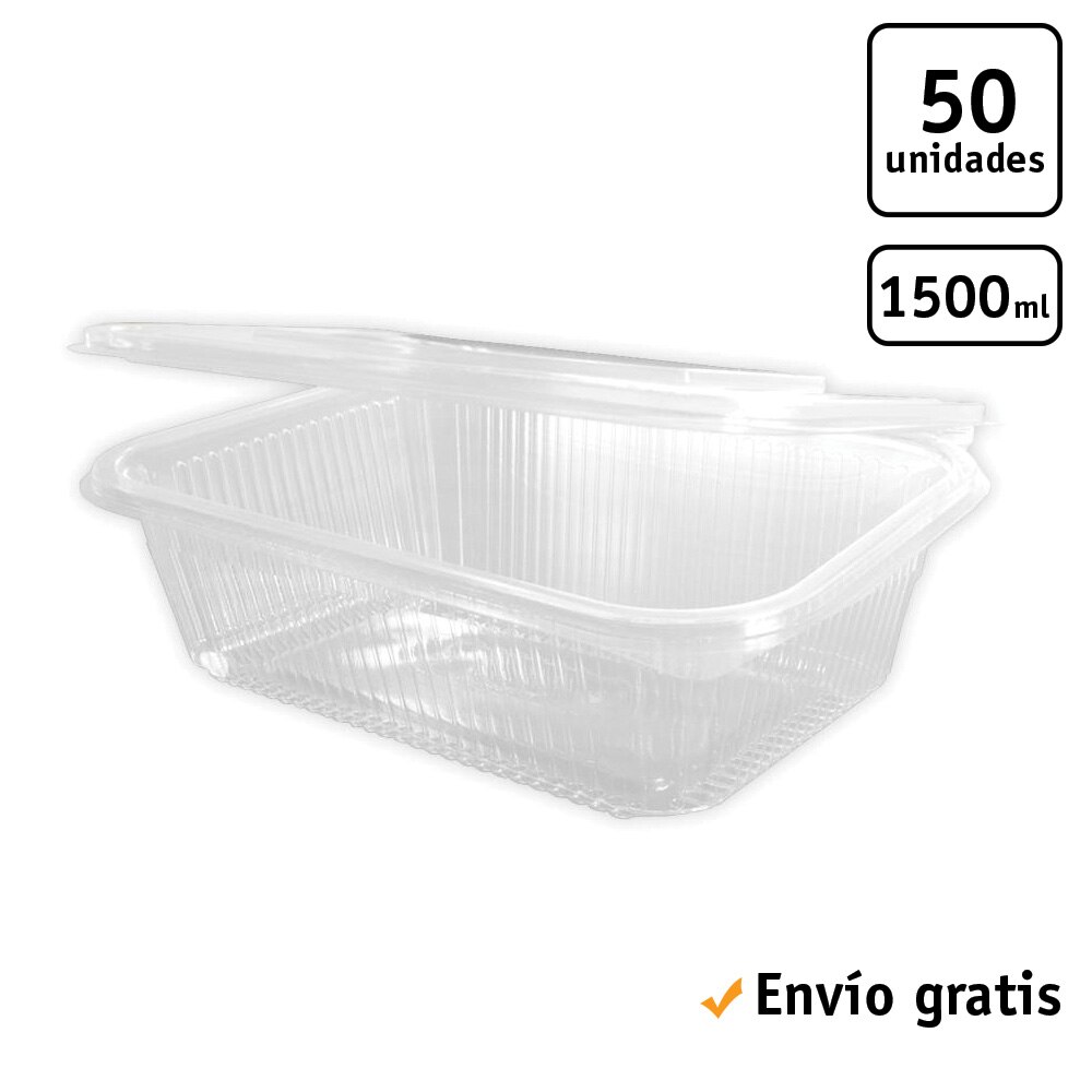 TELEVASO - Envase rectangular con tapa bisagra para comidas frías - Polietileno (PET) transparente, recipiente hermético: Envase Bisagra Rectangular 1500 ml (50 Uds)