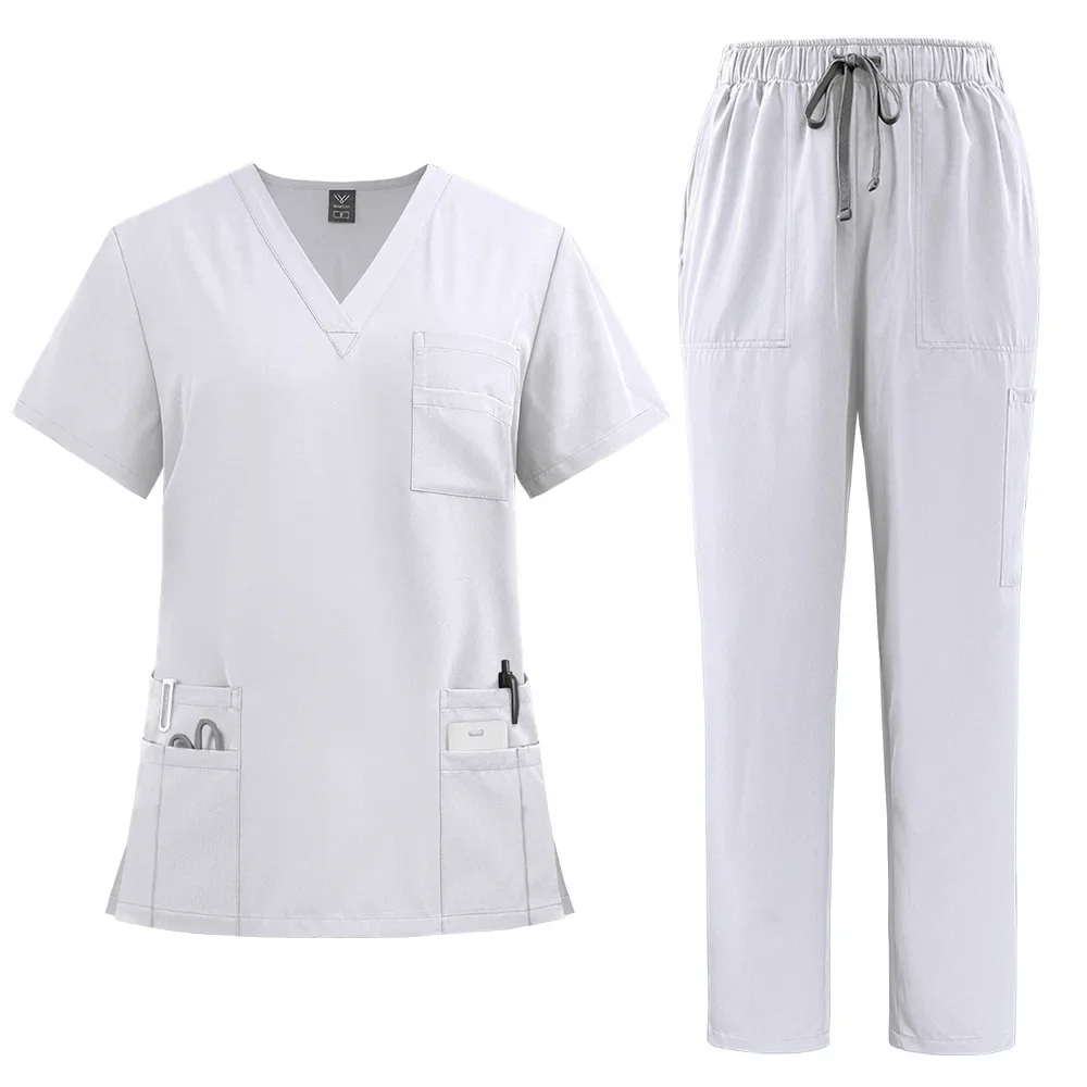 Uniformes médicos Unisex para hombres y mujeres, ropa de enfermería, disfraz de belleza, conjuntos de batas de enfermera, ropa de trabajo para médico y dentista, Tops clínicos, pantalones: M / Beige