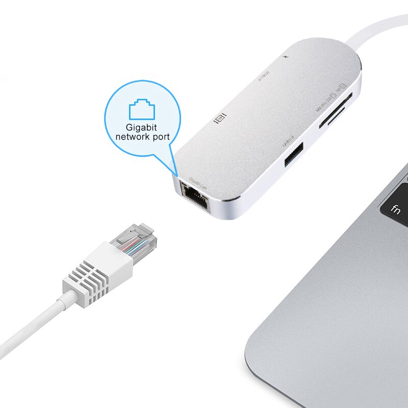 8-In-1 Type-C Hub Omzetten Hdmi 4K + RJ45 Gigabit Ethernet + 3.0 Hub + Sd/Tf Kaartlezer + Pd Opladen Hub Voor Telefoon/Computer