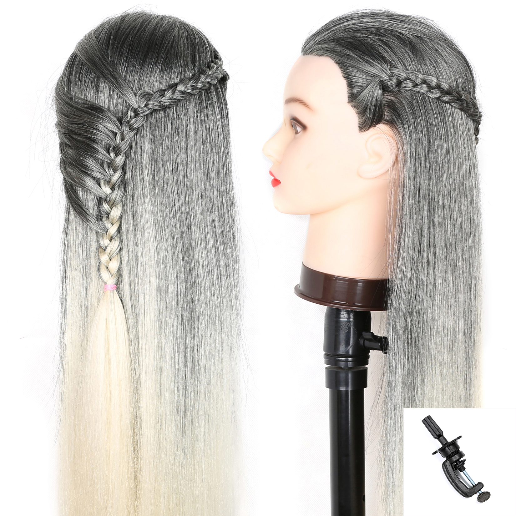 Mannequin Head Model With Long Synthetic Hair, Manikin Head Styling Hairdresser Training Head, Doll Head for Braiding Practice: Dark Grey