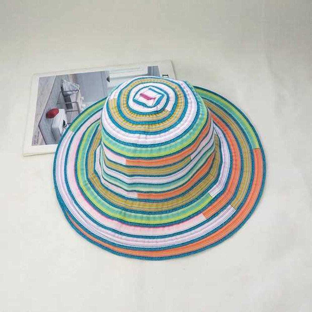 Sommer kvinner hattemaker avlet side solhatt bøttehette kvinner reiser stripet Strand sammenleggbare bomullshatter jenter solhatt: 8