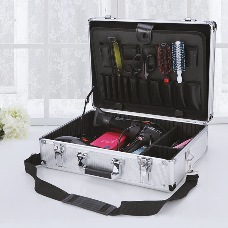 Aluminium Makeup Koffer Zwart Kappers Stylis Kapper Clipper Schaar Case Organizer Cosmetische Gereedschapskist Schoudertas