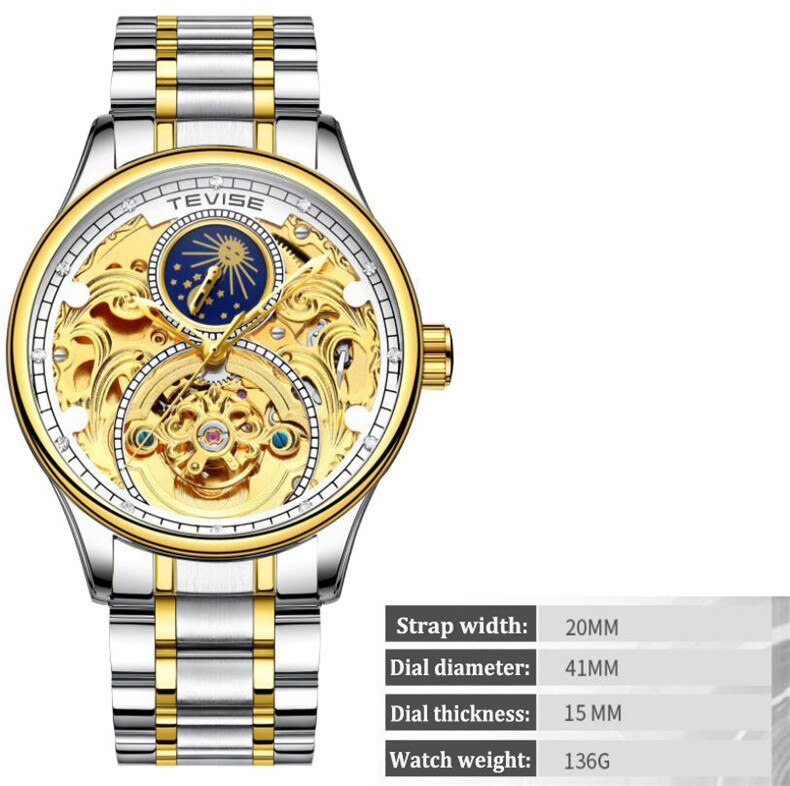 Montre TEVISE phase de lune tourbillon creux automatique mécanique en acier inoxydable poignet hommes montres main bracelet montre
