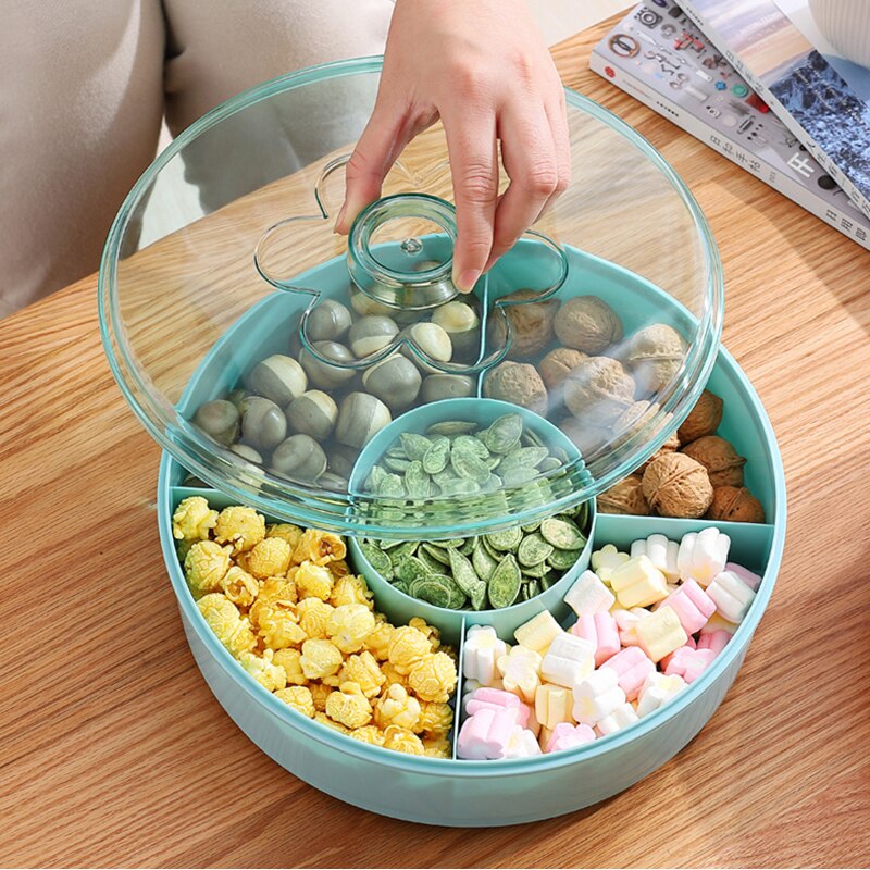 Rotating Snack Box Plastic Food Storage Organizer Candy Nuts Serving Container Divided Compartments Party Snack Plate with Lid