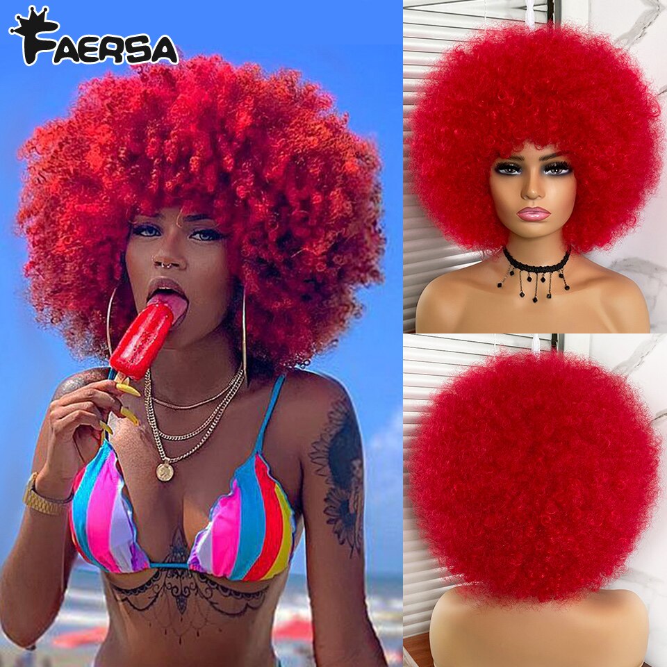 Kort haar Afro Kinky Krullende Pruiken Met Pony Voor Zwarte Vrouwen Afrikaanse Synthetische Ombre Cosplay Natuurlijke Blonde Rood Blauwe Pruik: Rood