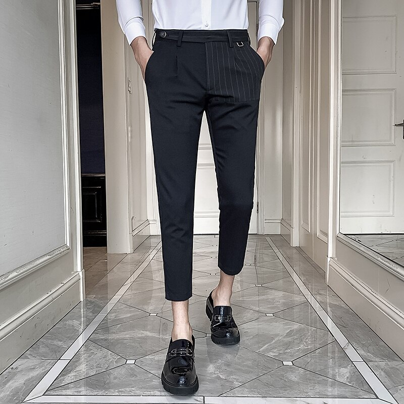 Spring dress bukser mænd ankellang slim fit splejset stribet lomme formelle bukser til mænd streetwear kontorbukser mænd