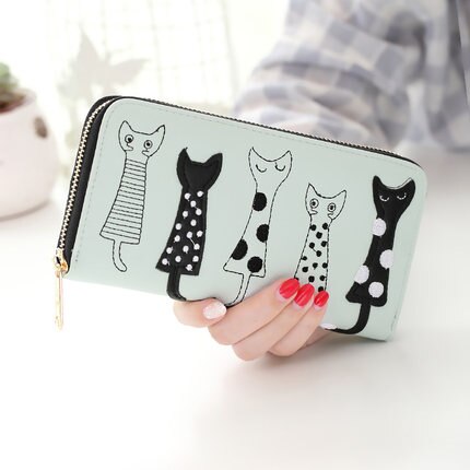 nouvelle femmes portefeuilles femme porte-cartes mignon dessin animé chats en cuir portefeuille porte-monnaie filles pochette portefeuille long à fermeture à glissière: light green