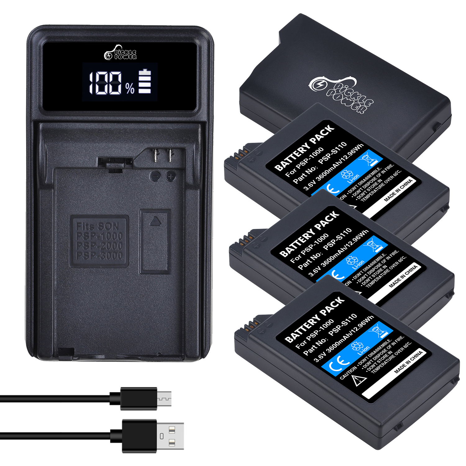Pickle Power-Batería de 3600mAh para Sony PSP 1000 PSP-S110, Cargador USB LED para consola portátil Sony PSP 1000, PlayStation: 4 battery 1 charger