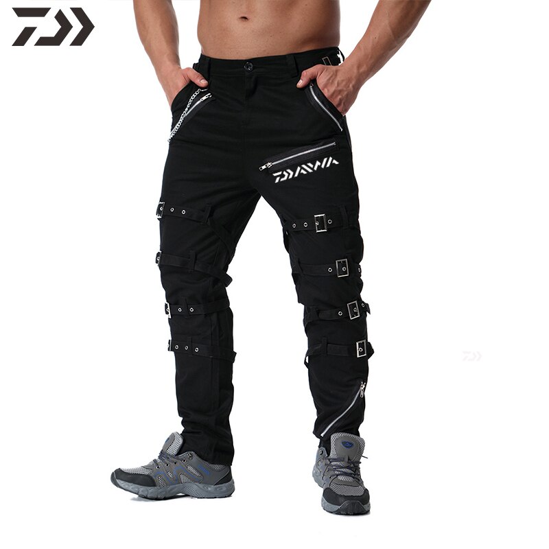 Daiwa Broek mannen Casual Broek Ademend Vissen Broek Mannen Losse Solid Multi-pocket Rits Outdoor Wandelen Broek Joggingbroek: Black / S