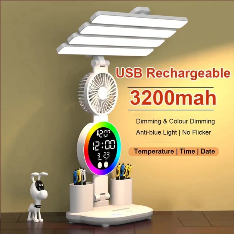 Multifunktionale LED-tischleuchte mit vier leuchten, faltbar, mit Ventilator, kalender und uhr, usb-aufladbar, schreibtischlampe, leselampe und nachtlicht: Schwarz