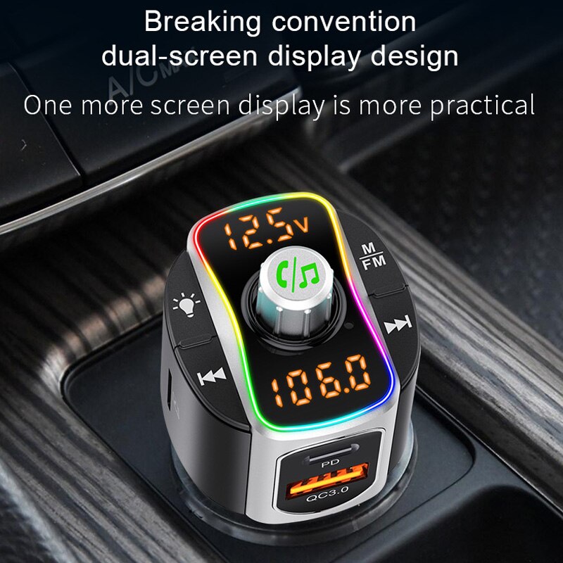 VR robot Car FM Transmitter Bluetooth 5.0 MP3 Audio Player QC3.0+PD Fast Charging Wireless Handsfree Car Kit with LED Backlit