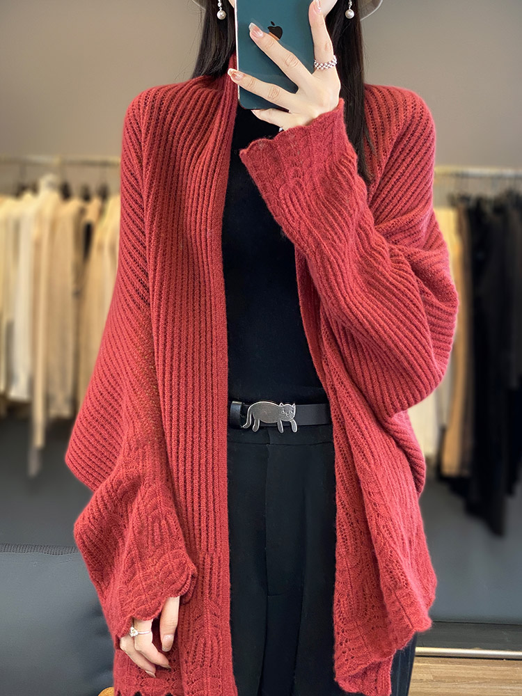 Camisola feminina cardigan xales de caxemira primavera outono 100% lã merino malhas rendas manga longa solta roupas femininas topos novo: Borgonha
