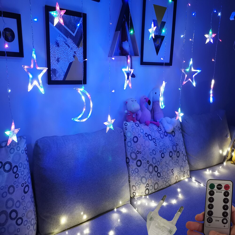 Guirlande lumineuse LED pour rideau de fées, en forme d'étoile, de lune, pour noël, pour la maison, pour une fête de mariage, pour le jardin, avec piles AA: RGB EU 220v Remote